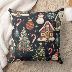 Coussin Cabanes d'hiver sombres Bonhomme de neige rouge Bo