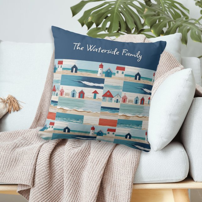 Coussin Cabanons de plage Phares Mer Côtière Bleu (A personalized nautical pillow with modern design of sand, ocean, beach huts and lighthouses)