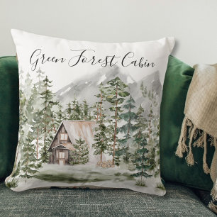 Coussin Cabine à l'aquarelle dans la forêt de pins verts b