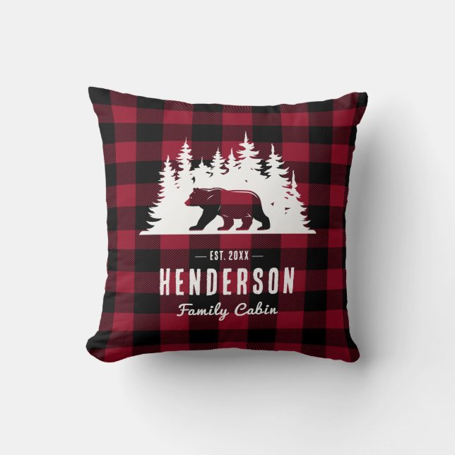 Coussin Cabine de famille Pin Ours rouge Plaid (Recto)