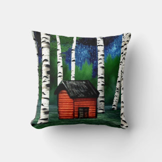 Coussin Cabine rouge dans la forêt de Birch