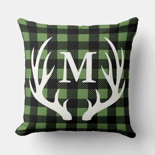 Coussin Cabine Rustic Deer Antlers Buffalo Check Plaid (Recto)