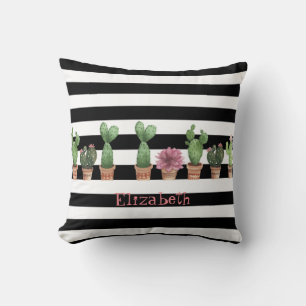 Coussin Cactus à l'aquarelle, Rayures blanches et noires P