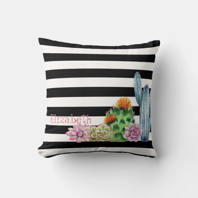 Coussin Cactus à l'aquarelle, rayures noir et blanc de suc (Recto)