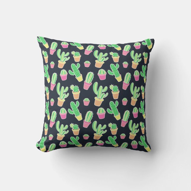 Coussin Cactus au néon d'aquarelle dans le motif de pots (Recto)