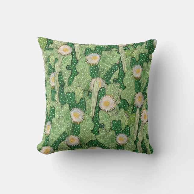Coussin Cactus en fleurs, succulents, fleurs blanches, ver (Recto)