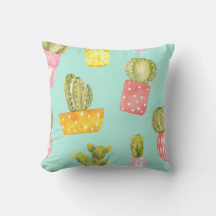 Coussin Cactus épineux dans les pots, motif aquarelle.