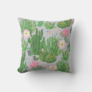 Coussin Cactus et fleurs, aquarelle peinture transparente.