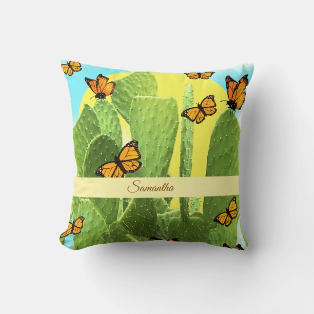 Coussin Cactus et papillons fantaisistes (Recto)