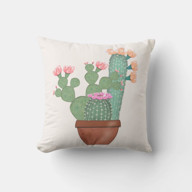 Coussin Cactus Fleuris en Pot Aquarelle (Recto)