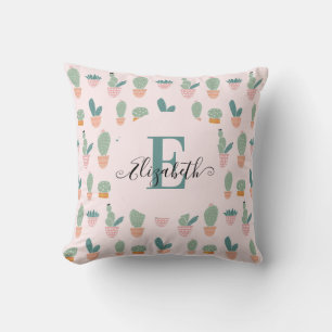 Coussin Cactus Mignon Monogramme de Végétation Rose Succul