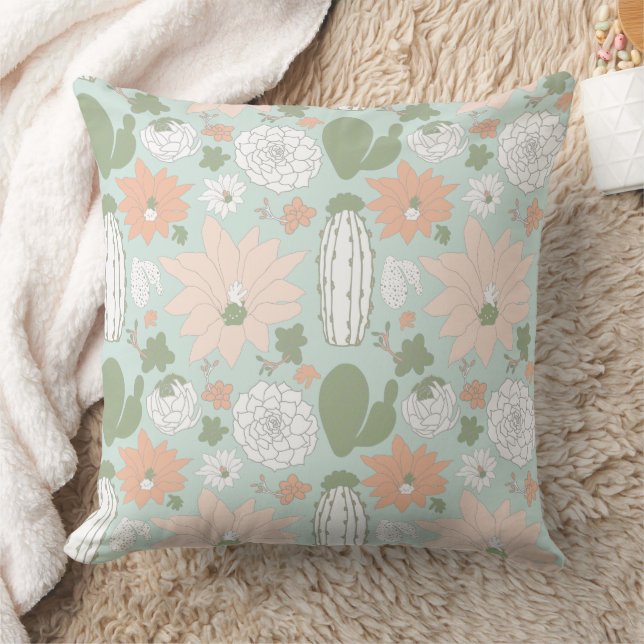 Coussin Cactus Peach Green Whimsical Floral Motif (Couverture)