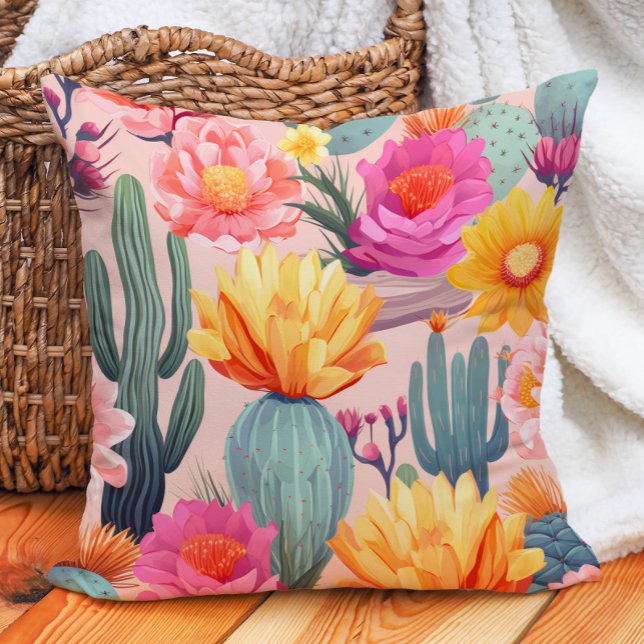 Coussin Cactus rose Jaune Orange Vert Désert (Cactus with pink and yellow floral pillow)