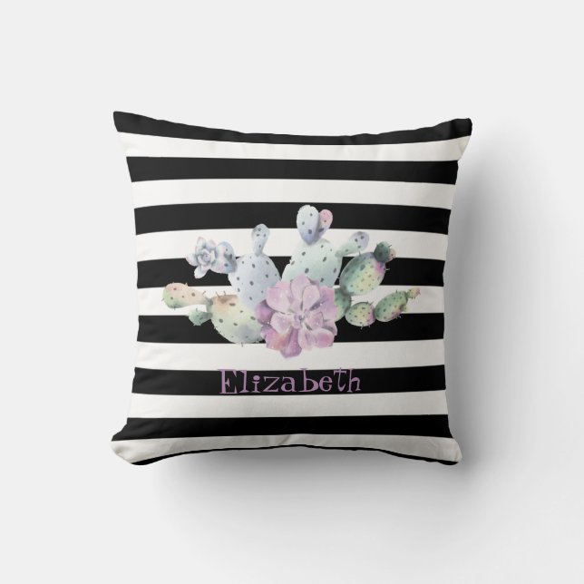Coussin Cactus, Succulente Rayures Noires et Blanches (Recto)