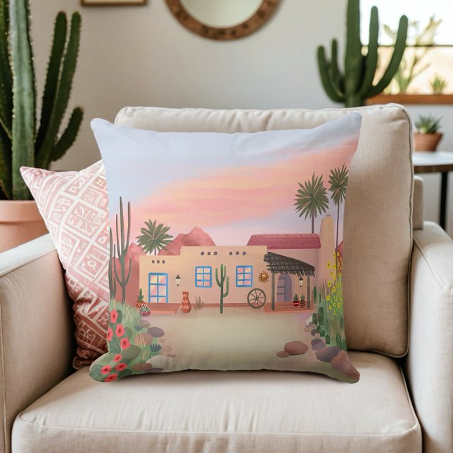 Coussin Cactus sud-ouest du désert Adobe House Peach | (Créateur téléchargé)