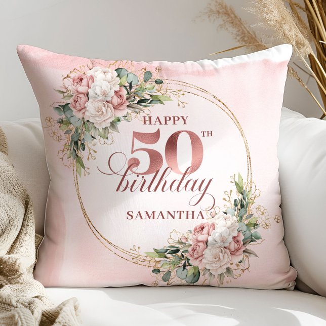 Coussin Cadeau 50e Anniversaire Rose Gold Floral B (Blush Floral Rose Gold 50th Birthday Pillow Gift)