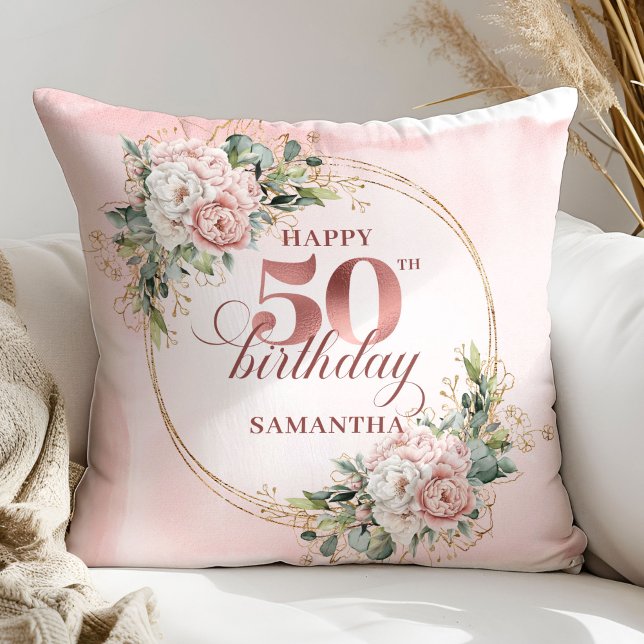 Coussin Cadeau 50ème Anniversaire Fleurs de Teint  (Elegant Blush Floral Greenery 50th Pillow Gift)
