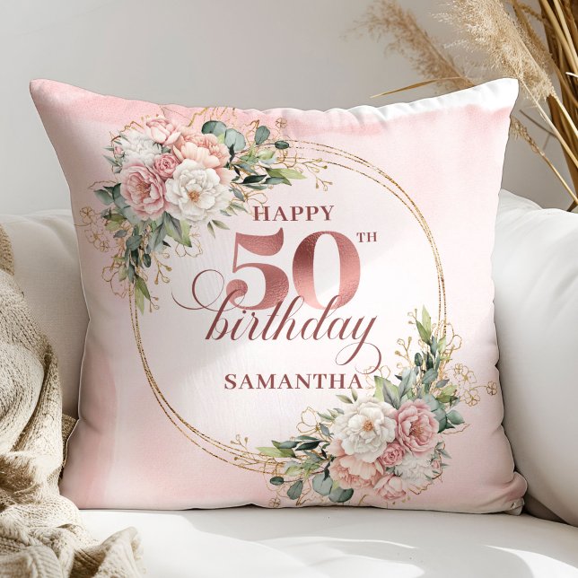Coussin Cadeau Anniversaire 50 Ans Fleurs Rose Gol (Rose gold floral 50th birthday,
dusty pink blush gold glitter,
opulent Soft pastel   pink flowers, 
)