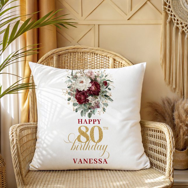 Coussin Cadeau d'anniversaire 80 ans Burgundy Blush Intemp (Timeless Burgundy Blush 80th Birthday Gift)