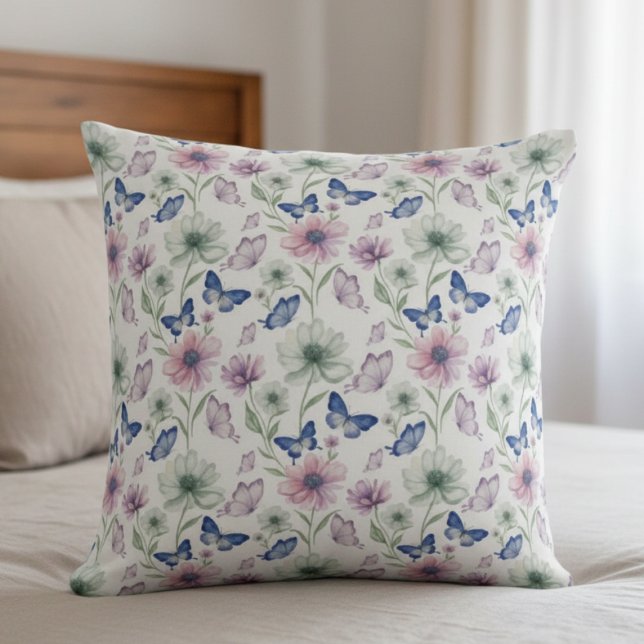 Coussin Cadeau d'anniversaire floral papillon aquarelle pr (Watercolor Floral Butterfly Throw Pillow)