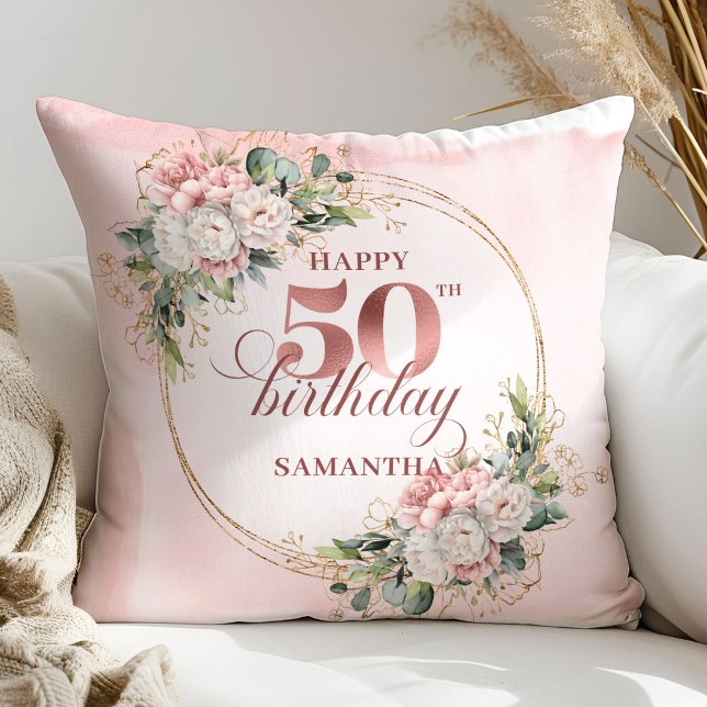 Coussin Cadeau de 50e anniversaire Rose Gold Elegant Blush (Elegant Rose Gold Blush Floral 50th Birthday Pillow Gift

)