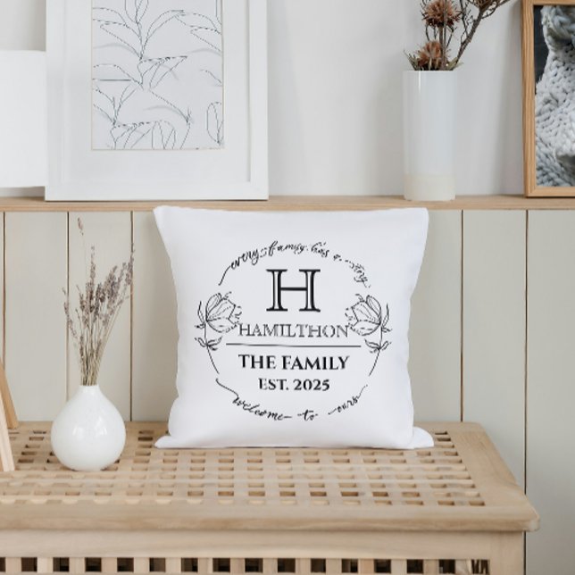 Coussin Cadeau de Chauffage Maison Familial Monogramme Flo (every family has a story welcome to our family custom house gifts ideas for new home housewarming )