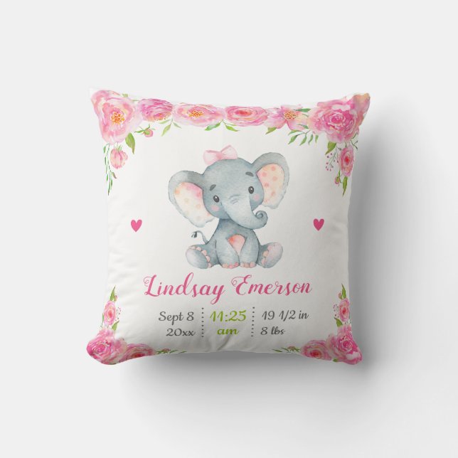 Coussin Cadeau de fête prénatale pour fille avec éléphant  (Recto)
