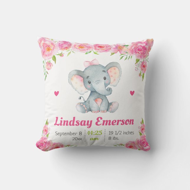 Coussin Cadeau de fête prénatale pour fille avec éléphant  (Recto)