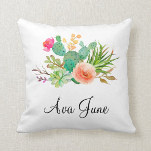 Coussin Cadeau de fille de bébé personnalisé, nom de cactu