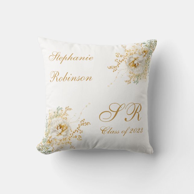 Coussin Cadeau de fin d'études à monogramme floral or (Recto)