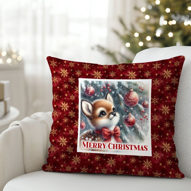 Coussin Cadeau de forêt enneigée de faon d'hiver serein po (Serene Winter Fawn Snowy Forest Gift kids room decor)