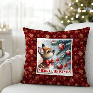 Coussin Cadeau de forêt enneigée magique pour bébé cerf ch