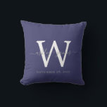 Coussin Cadeau de mariage chic bleu nuit blanc monogramme<br><div class="desc">Élégant coussin de mariage souvenir avec votre texte en gris écriture manuscrite chic calligraphie sur un fond bleu nuit. Ajoutez simplement vos noms, monogramme et date de mariage. Cadeau idéal pour un jeune couple marié. Conçu exclusivement pour vous par Happy Dolphin Studio. Si vous avez besoin d'aide ou de produits...</div>