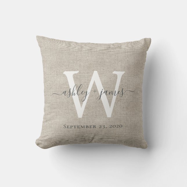 Coussin Cadeau de mariage en lin beige avec monogramme bla (Recto)