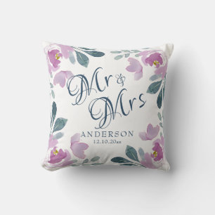 Coussin Cadeau de mariage floral aquarelle rose et violet