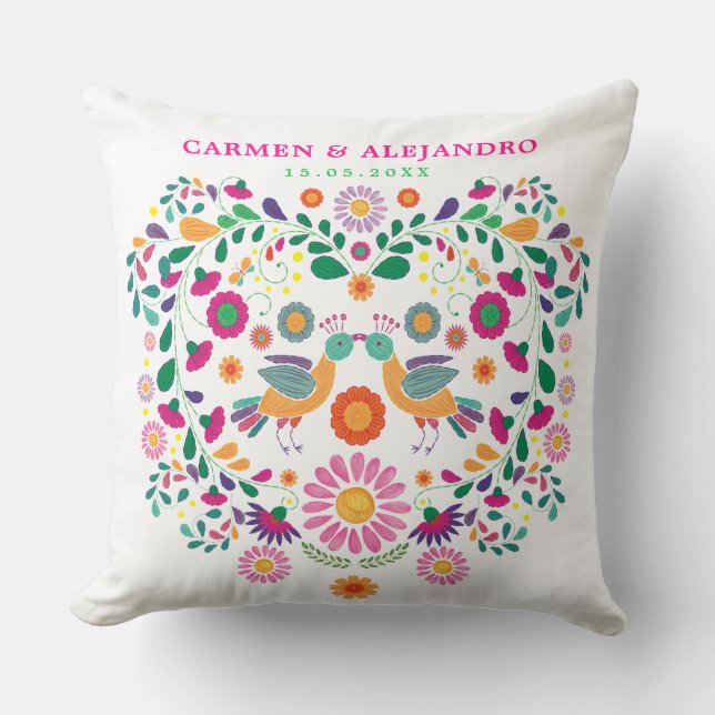 Coussin Cadeau de mariage floral d'inséparables de fiesta (Recto)