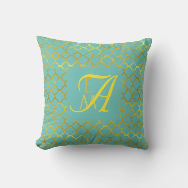 Coussin Cadeau de mariage or turquoise MONOGRAMME Quatrefe (Recto)
