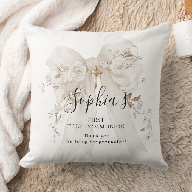 Coussin Cadeau de marraine Première Communion Nœud Blanc R (Couverture)