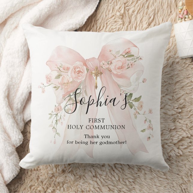 Coussin Cadeau de marraine Première Communion Nœud Rose Ro (Couverture)