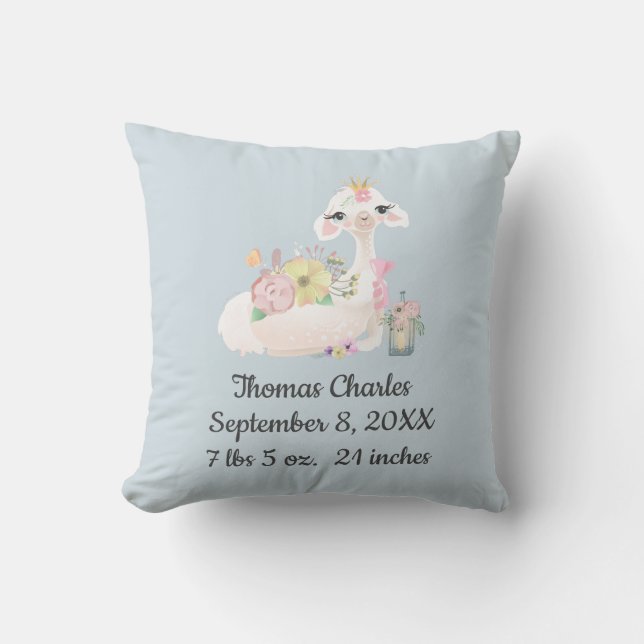Coussin Cadeau de naissance bleu lama blanc pour garçon (Recto)