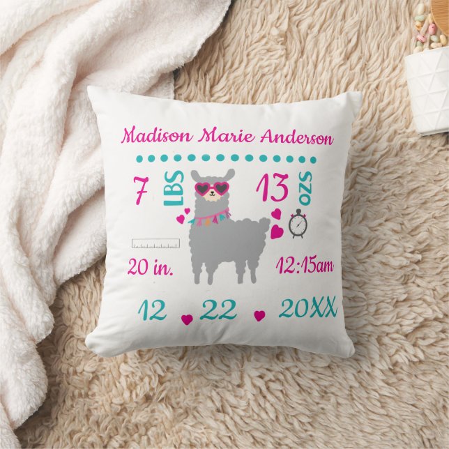 Coussin Cadeau de naissance Llama Gris Rose Statistiques d (Couverture)