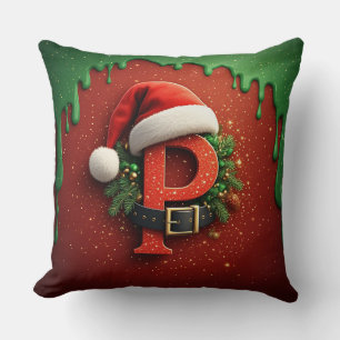 Coussin Cadeau de Noël Monogramme P avec chapeau de Père N