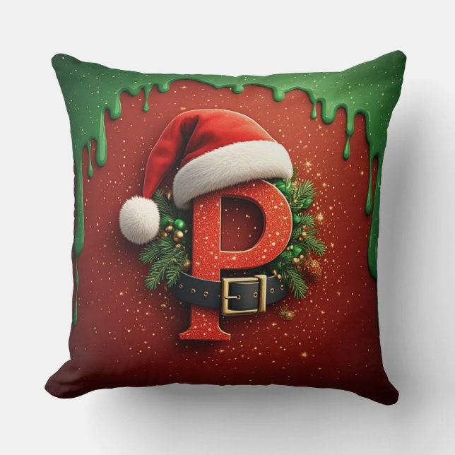 Coussin Cadeau de Noël Monogramme P avec chapeau de Père N (Recto)