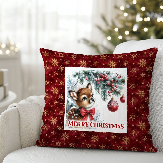 Coussin Cadeau de Noël pour enfants classique bébé faon fo (Classic Baby Fawn Snowy Forest Kids Gift Christmas Pillow

)
