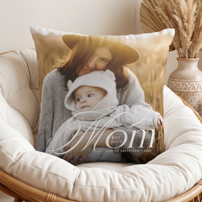 Coussin Cadeau de photo de bébé pour la première fête des  (First Mother’s Day Mom Baby Photo Keepsake Gift Throw Pillow)
