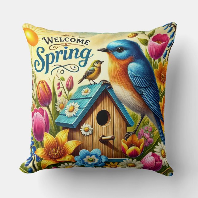 Coussin Cadeau de scène de jardin de nichoir de printemps (Recto)