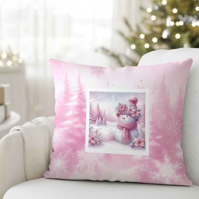 Coussin Cadeau d'oreiller de scène de Noël Pinkmas mignon (Cute Pinkmas Christmas Scene Snowman Pillow Gift)