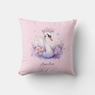 Coussin Cadeau Fille Cygne Rose Floral Aquarelle Élégant