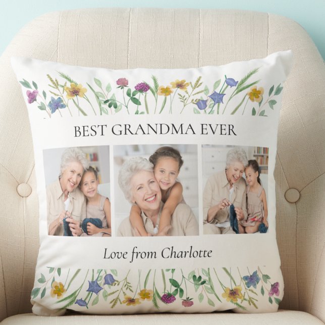 Coussin Cadeau Grand-mère 3 Photos Floral (Créateur téléchargé)
