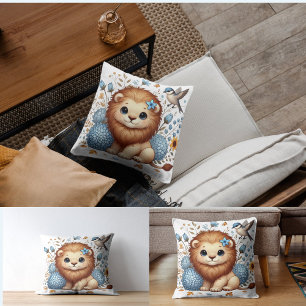Coussin Cadeau Lion mignon et Fleurs Bleues